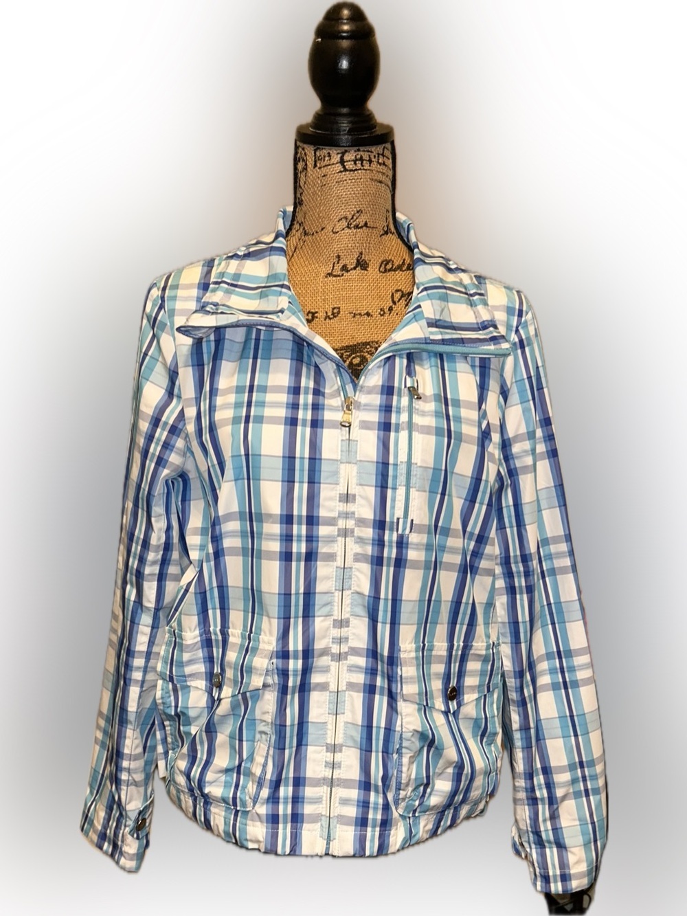 Lauren Ralph Lauren Active Blue White Plaid Shell Wind Rain Jacket L Preppy